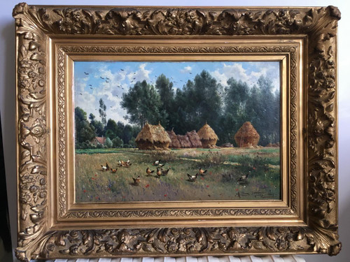 Armand Guery , Landschaft Auf dem Land, Mühlsteine, Hühner, Dorf Pontgivart, Reims, Marne, Champagne