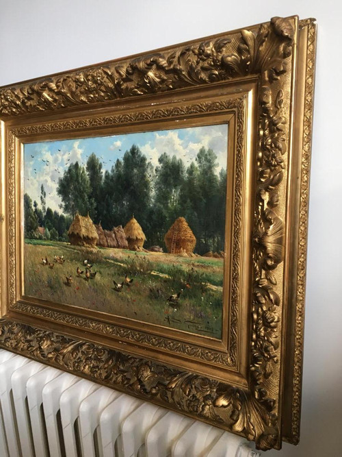 Armand Guery , Landschaft Auf dem Land, Mühlsteine, Hühner, Dorf Pontgivart, Reims, Marne, Champagne