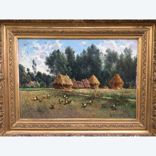 Armand Guery , Landschaft Auf dem Land, Mühlsteine, Hühner, Dorf Pontgivart, Reims, Marne, Champagne