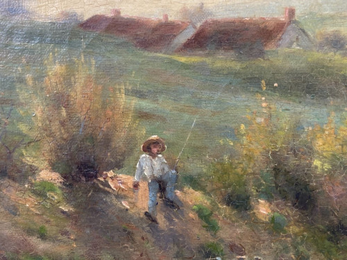 Ende des 19. Jahrhunderts, Fischer am Fluss, signiert Georges Lavaux, Goldener Rahmen