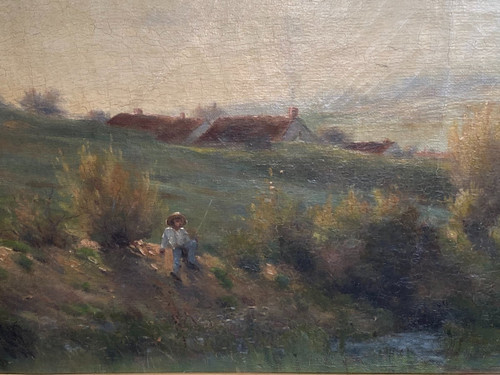 Ende des 19. Jahrhunderts, Fischer am Fluss, signiert Georges Lavaux, Goldener Rahmen