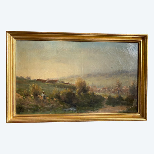 Ende des 19. Jahrhunderts, Fischer am Fluss, signiert Georges Lavaux, Goldener Rahmen
