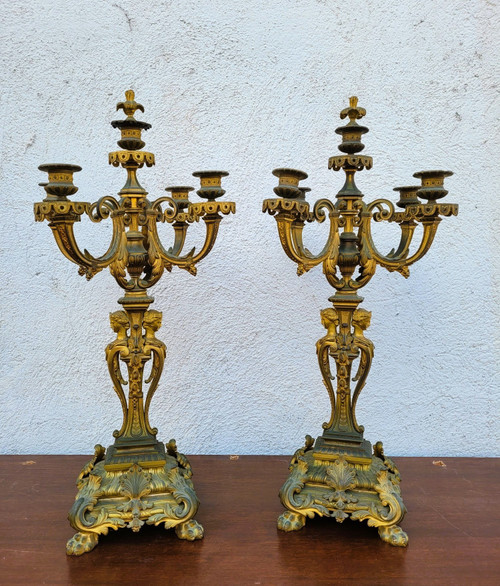 3 Piece Gilded Bronze Set, Napoleon III, 19th Century