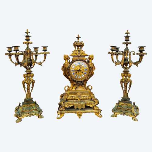 3 Piece Gilded Bronze Set, Napoleon III, 19th Century