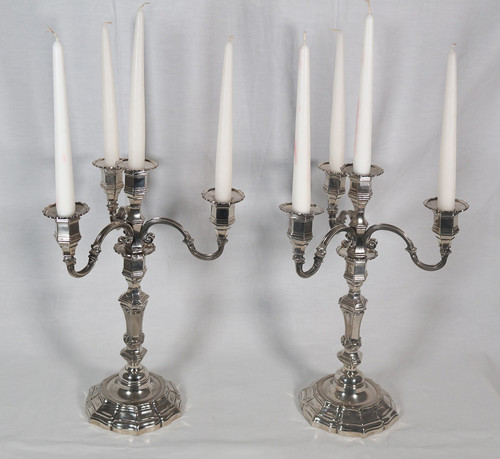 Pair of candlesticks with silver-plated metal centerpiece, early 20th century