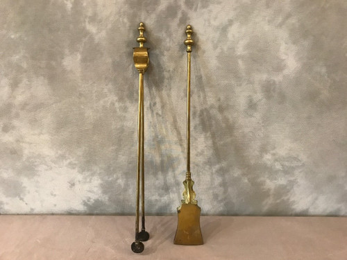 Set of a 19th century brass fireplace shovel and tongs