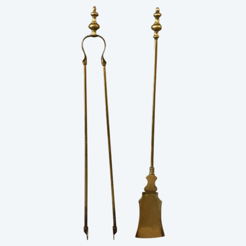 Set of a 19th century brass fireplace shovel and tongs