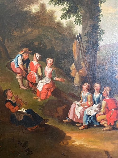 Grande olio su tela, scena di campagna, scuola olandese del XVIII secolo