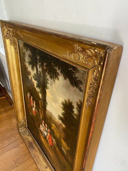 Grande olio su tela, scena di campagna, scuola olandese del XVIII secolo