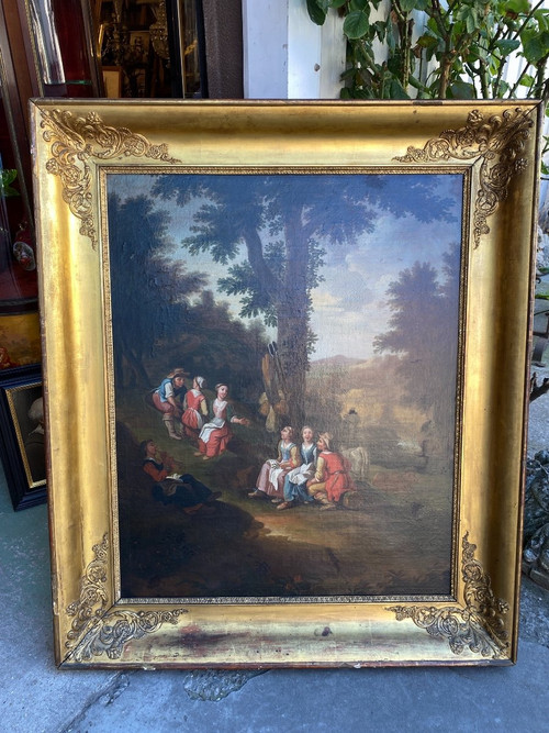 Grande olio su tela, scena di campagna, scuola olandese del XVIII secolo