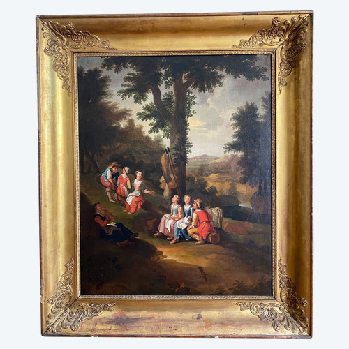Grande olio su tela, scena di campagna, scuola olandese del XVIII secolo