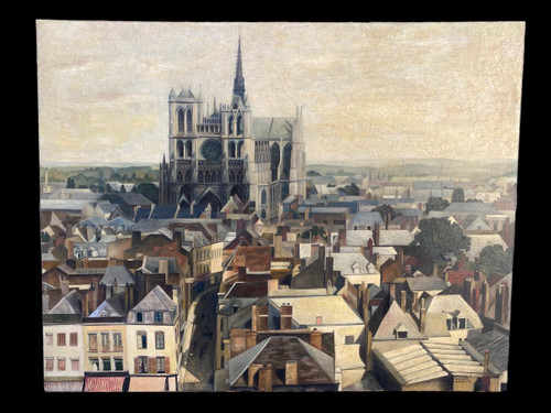 Große Ansicht Von Amiens Um 1950, Öl Auf Leinwand, Somme, Kathedrale,Dächer