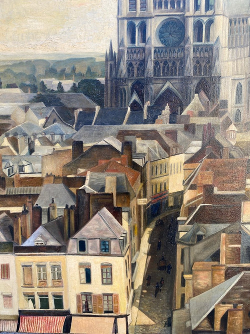 Große Ansicht Von Amiens Um 1950, Öl Auf Leinwand, Somme, Kathedrale,Dächer