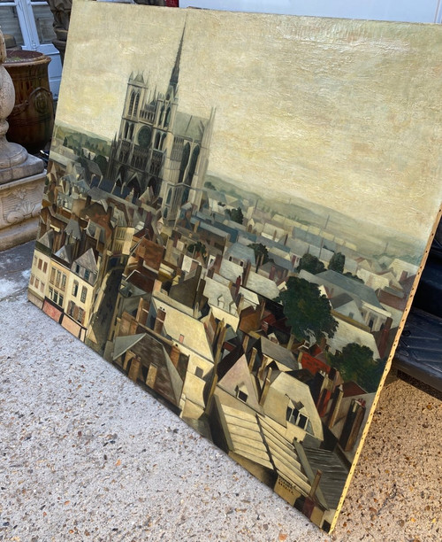 Große Ansicht Von Amiens Um 1950, Öl Auf Leinwand, Somme, Kathedrale,Dächer