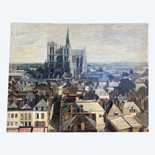 Große Ansicht Von Amiens Um 1950, Öl Auf Leinwand, Somme, Kathedrale,Dächer