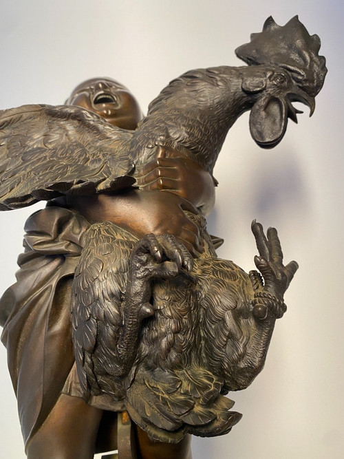 Grande scultura in bronzo del XIX secolo, "l'enfant au coq" firmata Adriano CECIONI (1838-1886)