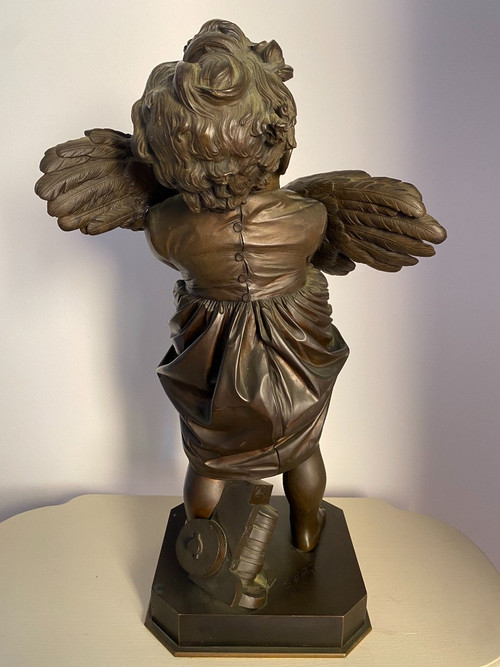 Grande scultura in bronzo del XIX secolo, "l'enfant au coq" firmata Adriano CECIONI (1838-1886)