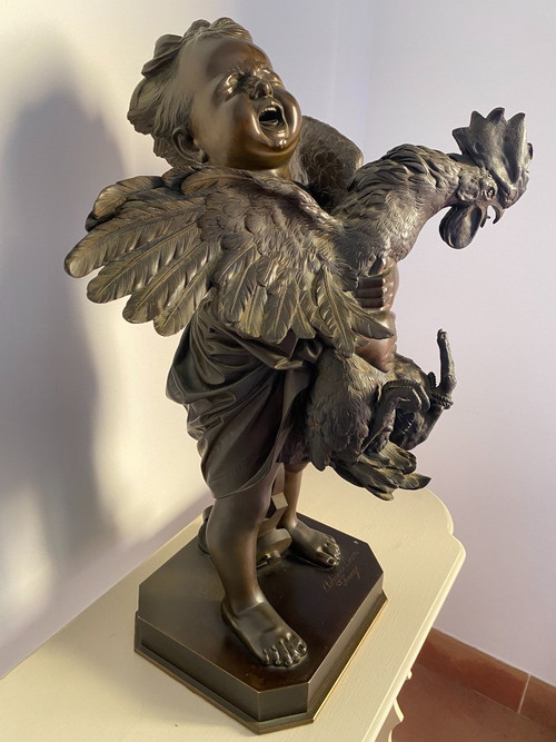 Grande scultura in bronzo del XIX secolo, "l'enfant au coq" firmata Adriano CECIONI (1838-1886)