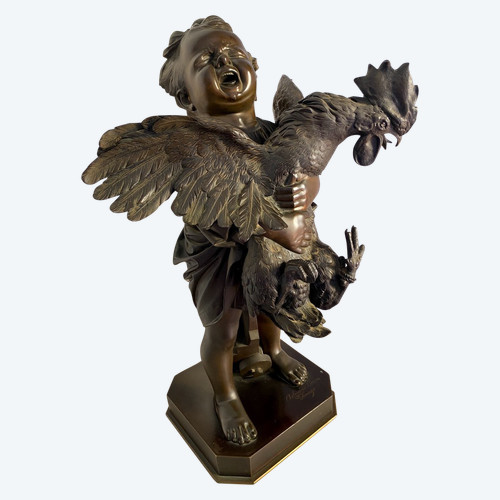 Grande scultura in bronzo del XIX secolo, "l'enfant au coq" firmata Adriano CECIONI (1838-1886)