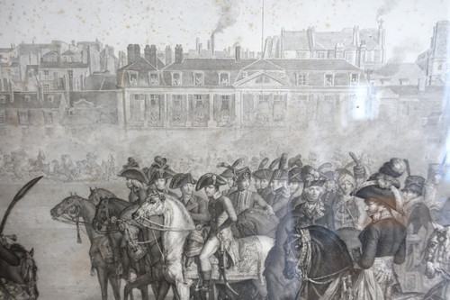 Grande incisione napoleonica: recensione del Generale Bonaparte 1° Console alle Tuileries, Vernet Isabey