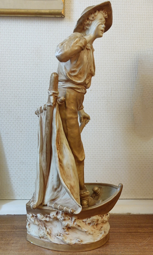 Ancienne Grande Figurine  Le jeune pêcheur  Porcelaine Royal Dux Bohemia