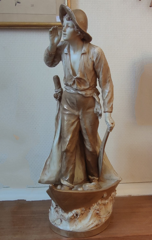 Ancienne Grande Figurine  Le jeune pêcheur  Porcelaine Royal Dux Bohemia