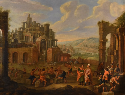 Bau des Turmbaus zu Babel, flämischer Maler 17.-18. Jahrhundert
