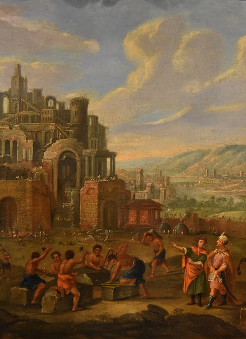 Bau des Turmbaus zu Babel, flämischer Maler 17.-18. Jahrhundert