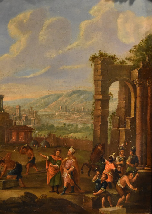 Bau des Turmbaus zu Babel, flämischer Maler 17.-18. Jahrhundert