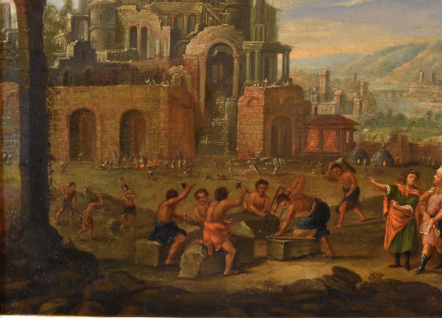 Bau des Turmbaus zu Babel, flämischer Maler 17.-18. Jahrhundert