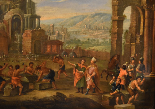 Bau des Turmbaus zu Babel, flämischer Maler 17.-18. Jahrhundert