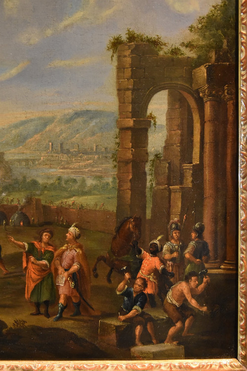 Bau des Turmbaus zu Babel, flämischer Maler 17.-18. Jahrhundert