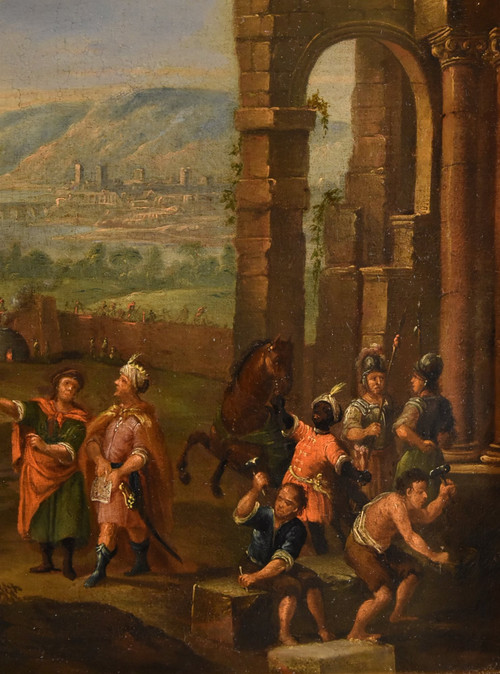 Bau des Turmbaus zu Babel, flämischer Maler 17.-18. Jahrhundert