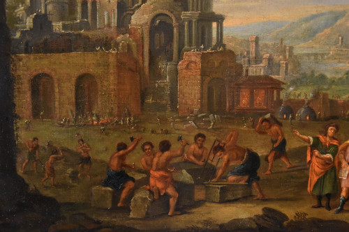 Bau des Turmbaus zu Babel, flämischer Maler 17.-18. Jahrhundert