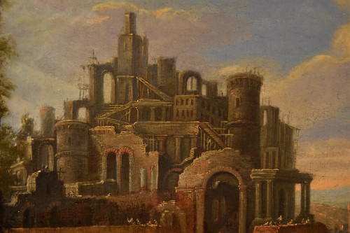 Bau des Turmbaus zu Babel, flämischer Maler 17.-18. Jahrhundert