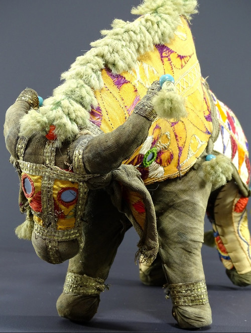India, Mid 20th Century, Fabric Toy Depicting a Bull Decorated with Glass Beads.