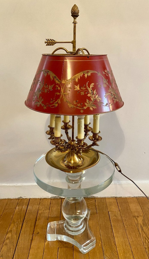 Lampada Bouillotte In Bronzo/paralume in lamiera rossa, 6 Luci, XX secolo