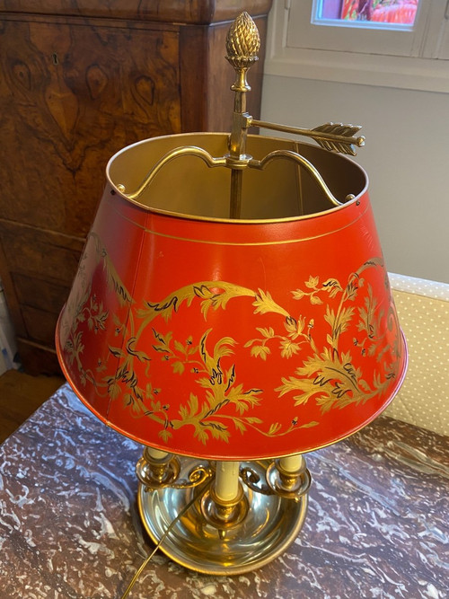 Lampada Bouillotte In Bronzo/paralume in lamiera rossa, 6 Luci, XX secolo