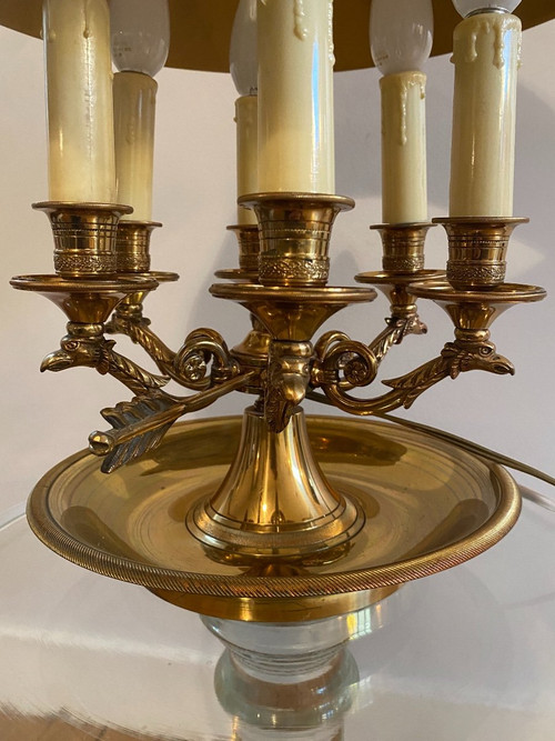 Lampada Bouillotte In Bronzo/paralume in lamiera rossa, 6 Luci, XX secolo