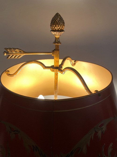 Lampada Bouillotte In Bronzo/paralume in lamiera rossa, 6 Luci, XX secolo