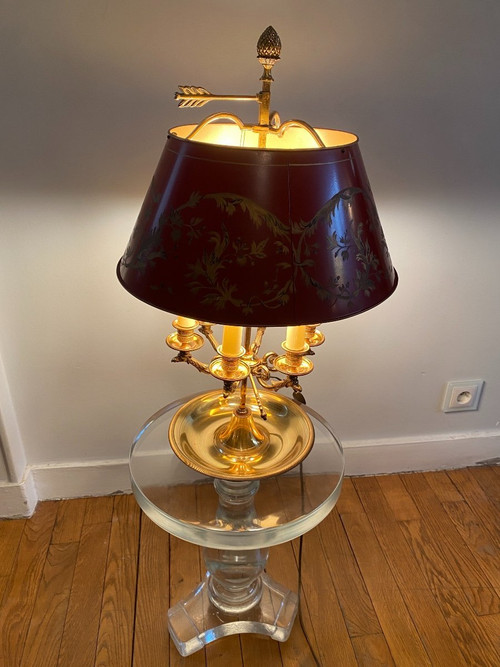 Lampada Bouillotte In Bronzo/paralume in lamiera rossa, 6 Luci, XX secolo
