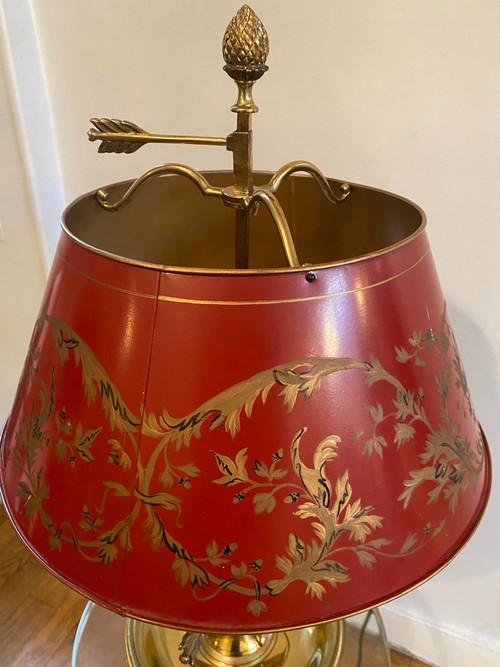 Lampada Bouillotte In Bronzo/paralume in lamiera rossa, 6 Luci, XX secolo