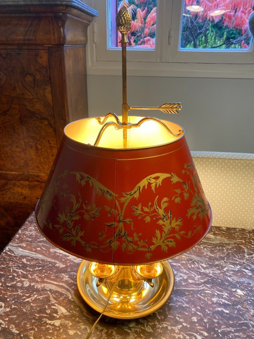 Lampada Bouillotte In Bronzo/paralume in lamiera rossa, 6 Luci, XX secolo