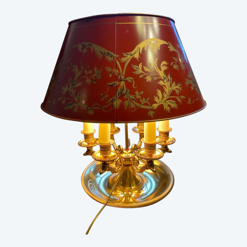Lampada Bouillotte In Bronzo/paralume in lamiera rossa, 6 Luci, XX secolo