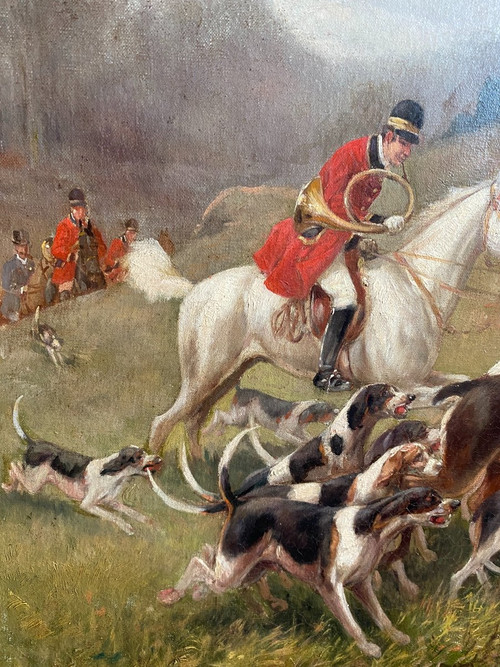 Tableau De Chasse cour XIXème, Oil On Canvas Signed Eugène Petit (1838-1886)
