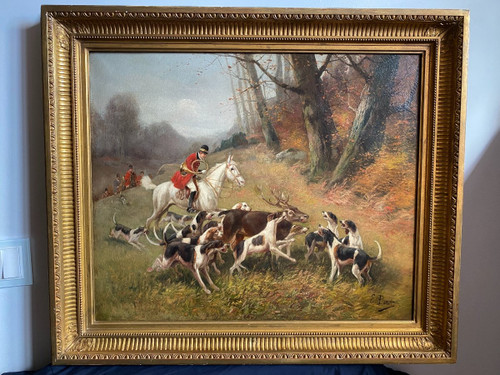 Tableau De Chasse cour XIXème, Oil On Canvas Signed Eugène Petit (1838-1886)