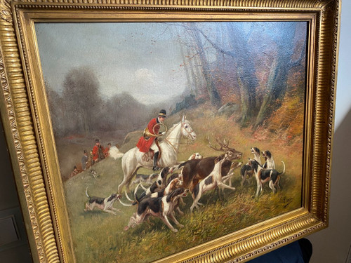 Tableau De Chasse cour XIXème, Oil On Canvas Signed Eugène Petit (1838-1886)