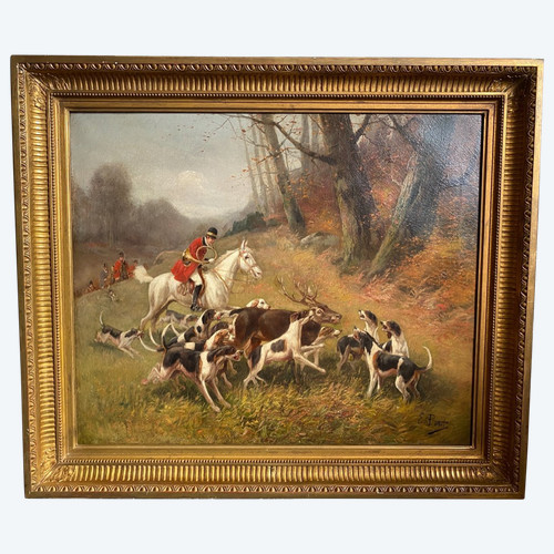 Tableau De Chasse cour XIXème, Oil On Canvas Signed Eugène Petit (1838-1886)