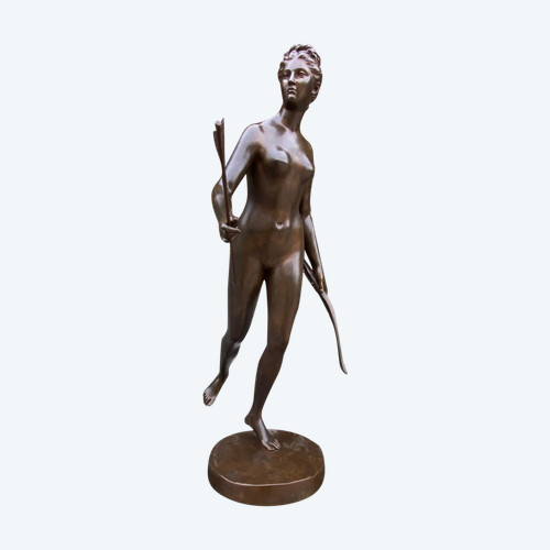 Grande soggetto femminile in bronzo del XIX secolo "Diane Chasseresse" firmato Houdon, fondatore F. Barbedienne