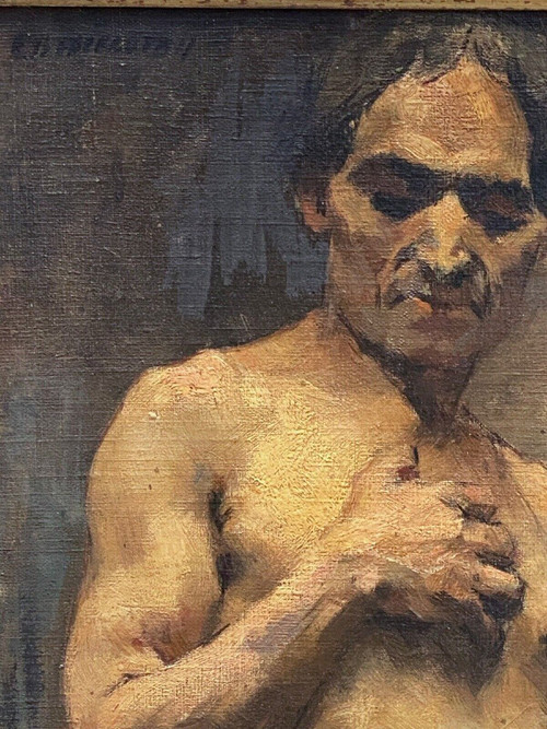 Huile sur panneau par Alain Beaufreton nu académique homme